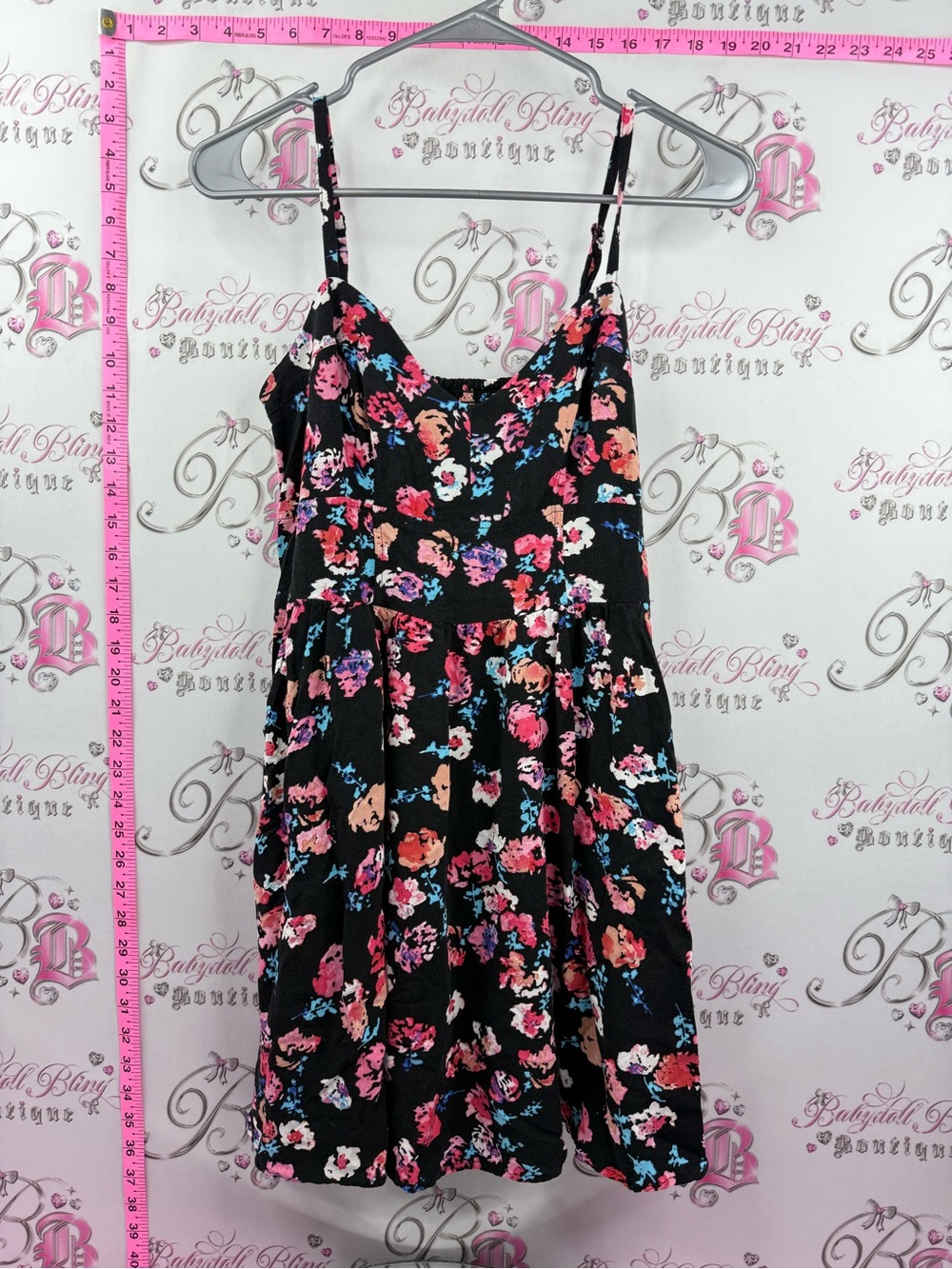 Express Black Floral Mini Dress with Pink, Coral & Blue Blossoms
